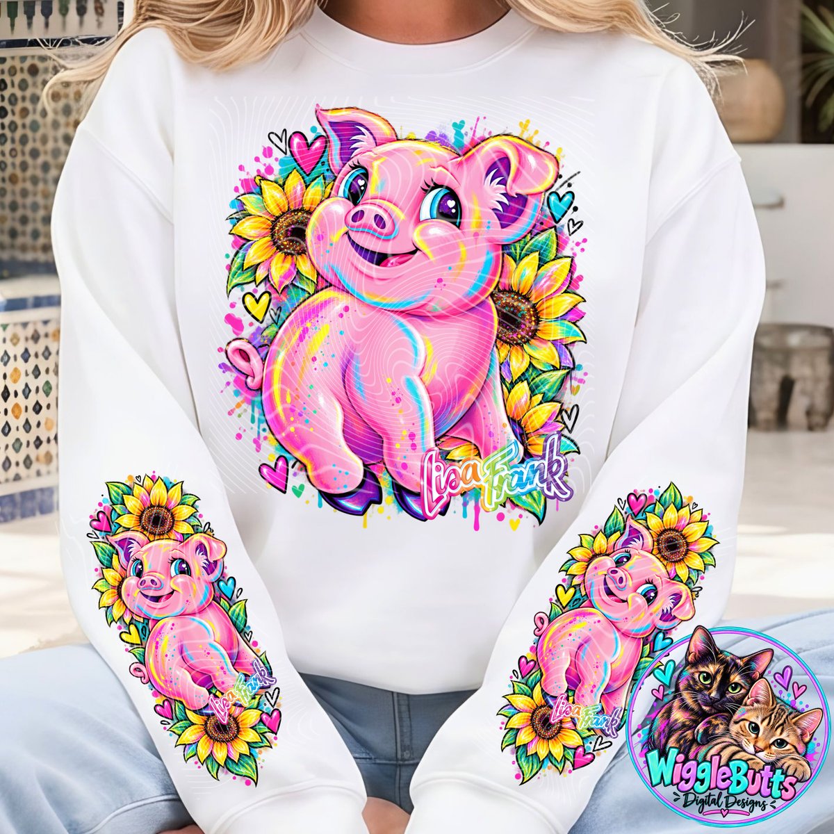 Retro 90s Rainbow Style Pig and Sunflowers PNG Design and Matching PNG Sleeve/Pants Design