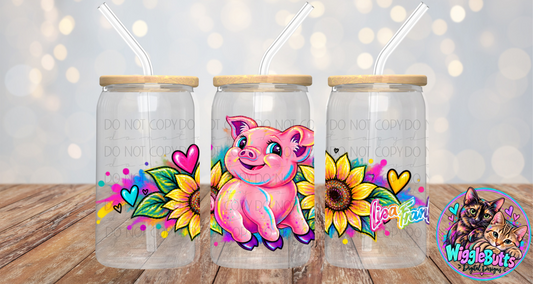 Retro 90s Rainbow Style Pig and Sunflowers 160z Cup/Jar Wrap PNG Design
