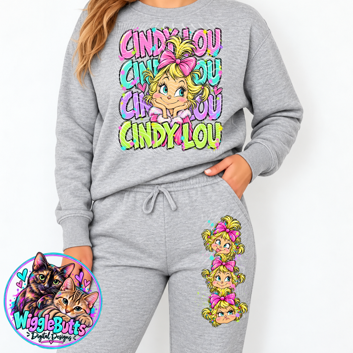 Green Guy Christmas Blonde Girl Pastel PNG Design and Matching PNG Sleeve/Pants Design