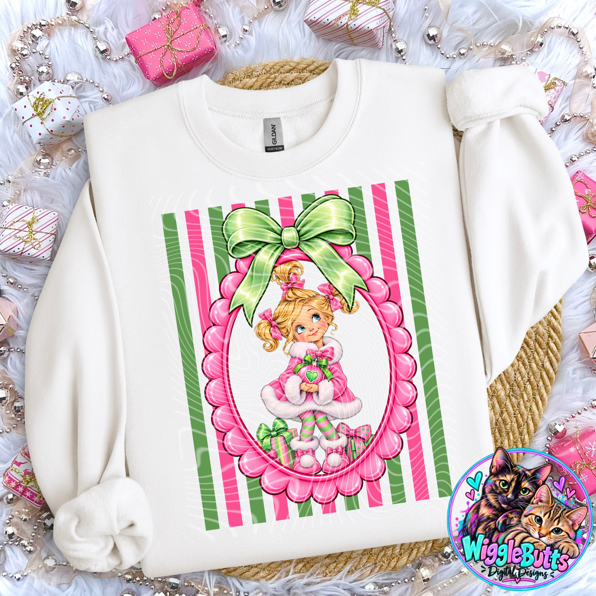 Green Guy Christmas Blonde Girl Bow Frame PNG Design