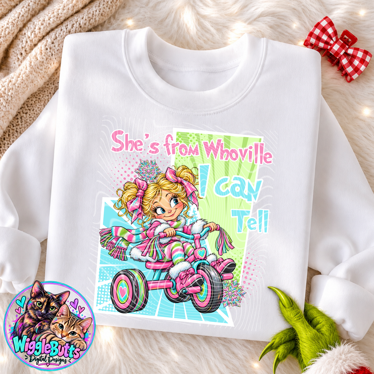 Green Guy Christmas Blonde Girl She's Ftom the Ville PNG Design