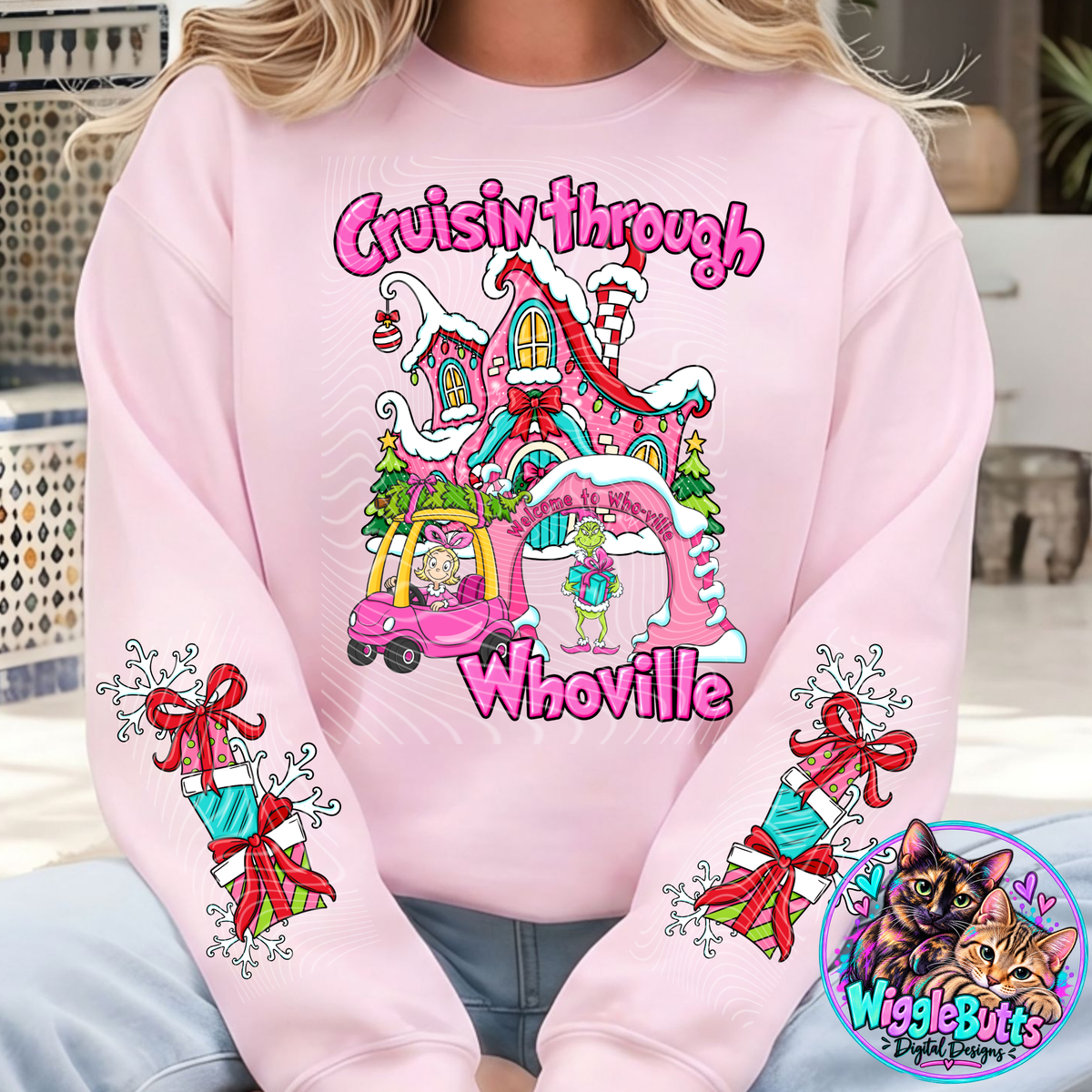 Green Guy Christmas Blonde Girl Cruisin through the Ville PNG Design and Matching PNG Sleeve Design