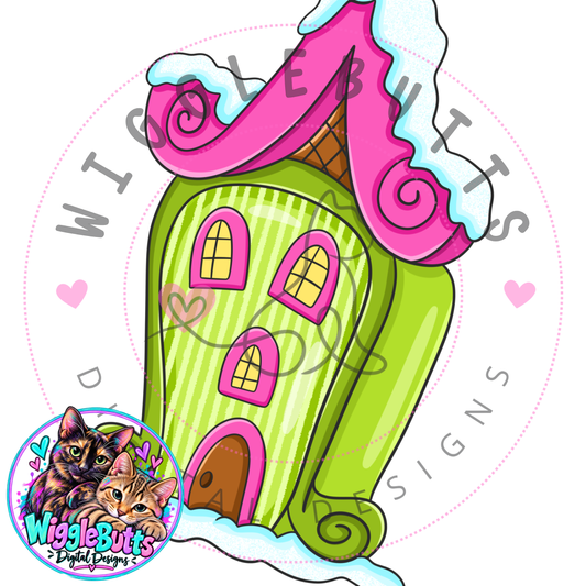 Green Guy Christmas Village House Pink ClipArt Piece
