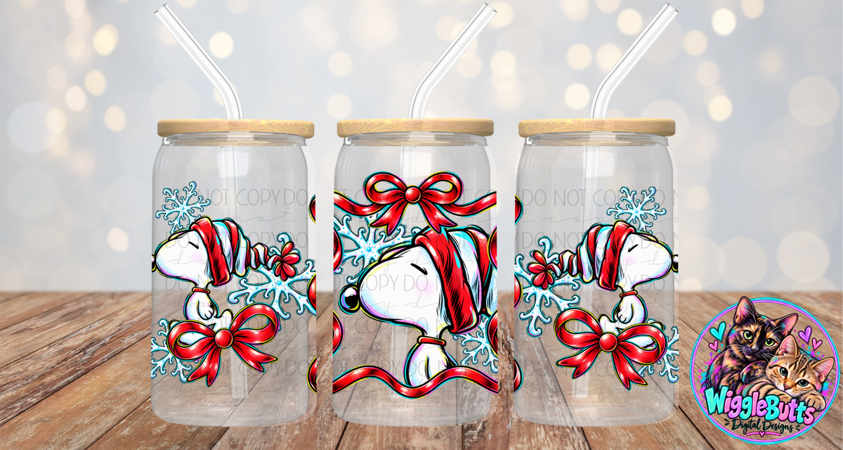 Retro White Dog Winter Christmas Bow Ribbon 160z Cup/Jar Wrap PNG Design