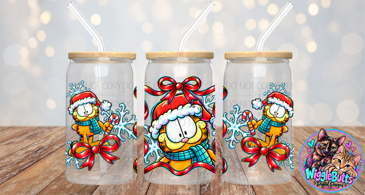 Retro Orange Cat Winter Christmas Bow Ribbon 16oz Cup/Jar Wrap PNG Design