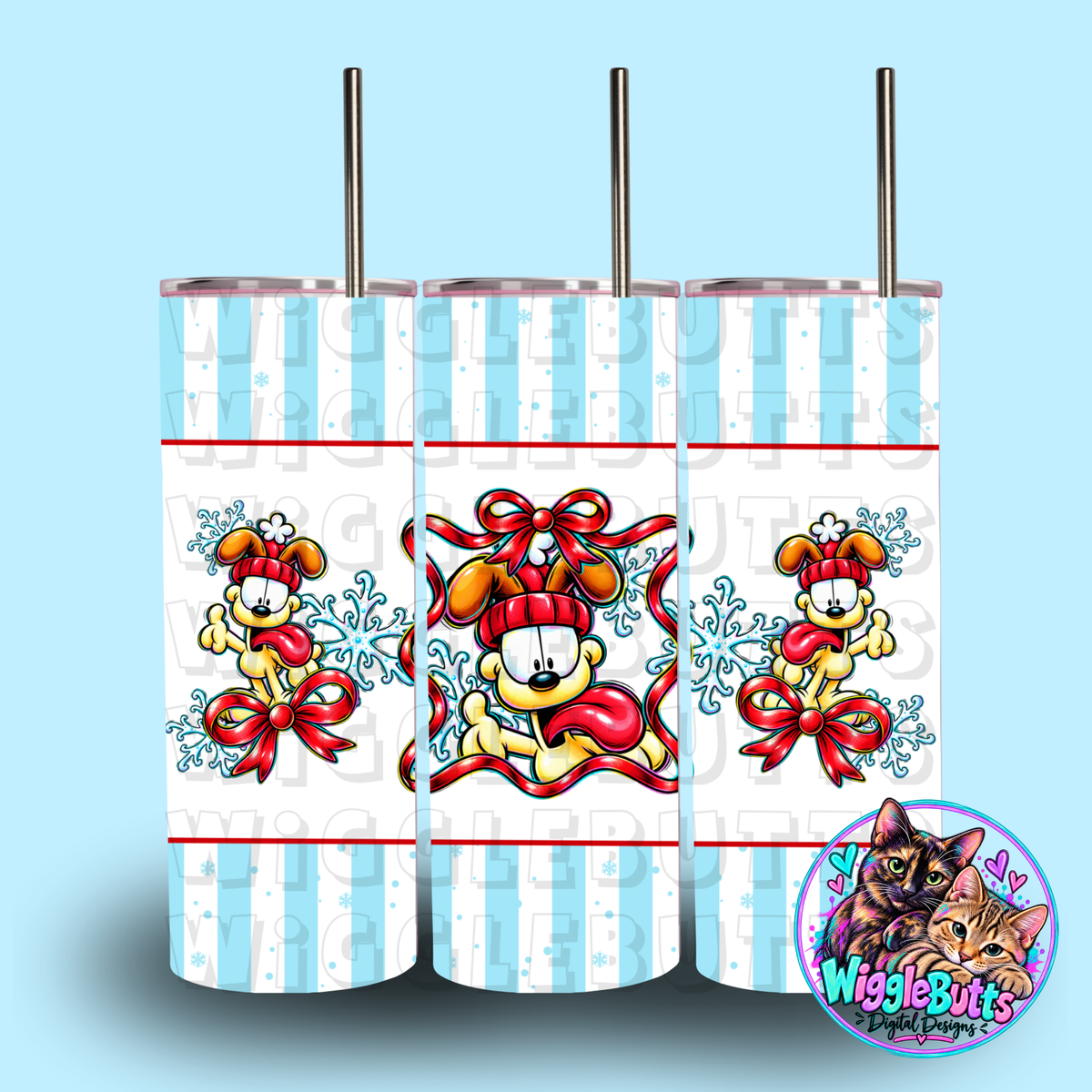 Retro Orange Cat Yellow Dog Red Bow Christmas Winter 20oz Tumbler Wrap PNG Design
