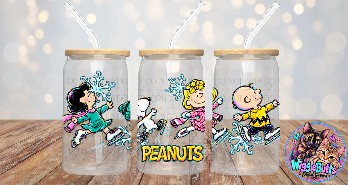 Retro PeanutKids Winter Iceskate 160z Cup/Jar Wrap PNG Design