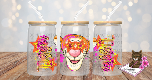Honey Bear and Friends Tiger Pink Stars Cheetah Print 16oz Cup/Jar Wrap PNG Design