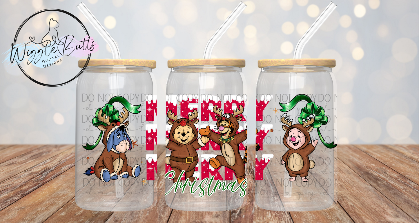 Honey Bear and Friends Christmas Reindeer 16 Oz Jar PNG Design Cup Wrap