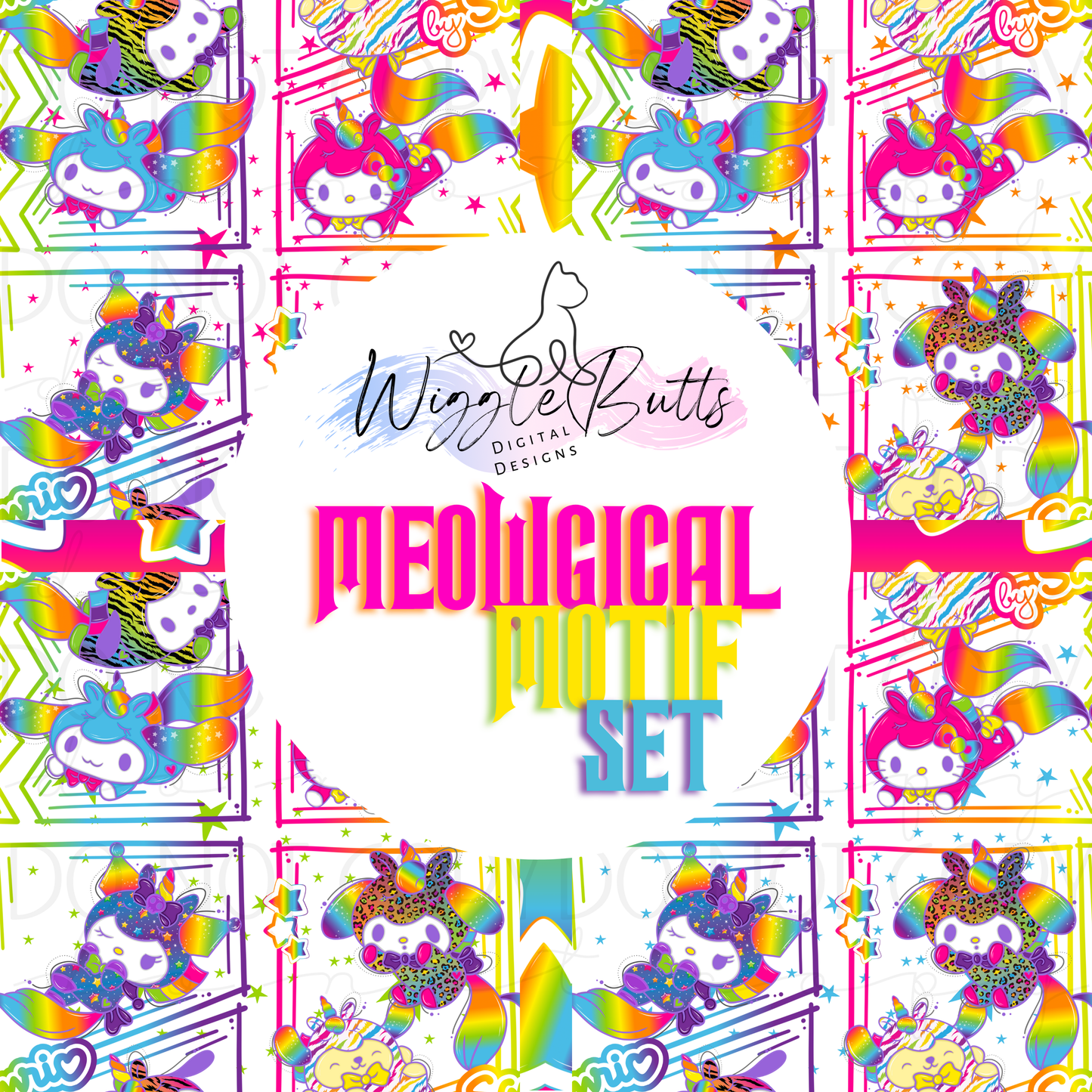 Meowgical Motif Kitty and Friends 90s Rainbow Style Unicorns Set