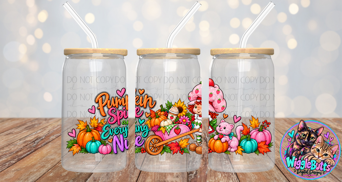 Retro Strawberry Girl Fall Pumpkin Spice 16oz Cup/Jar Wrap PNG Design