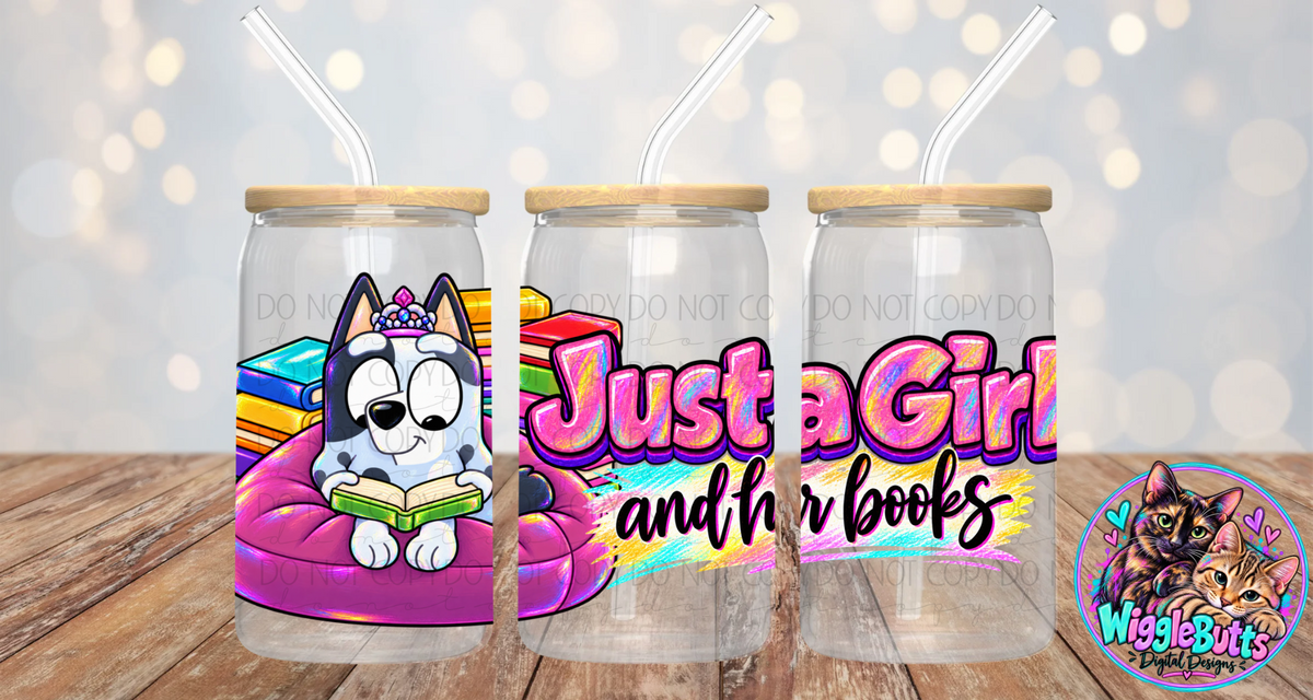 Blue Dog Puppies Grey Dog Just a Girl and her books 16oz Cup/Jar Wrap PNG Design