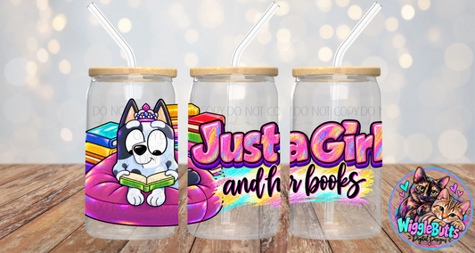 Blue Dog Puppies Grey Dog Just a Girl and her books 16oz Cup/Jar Wrap PNG Design