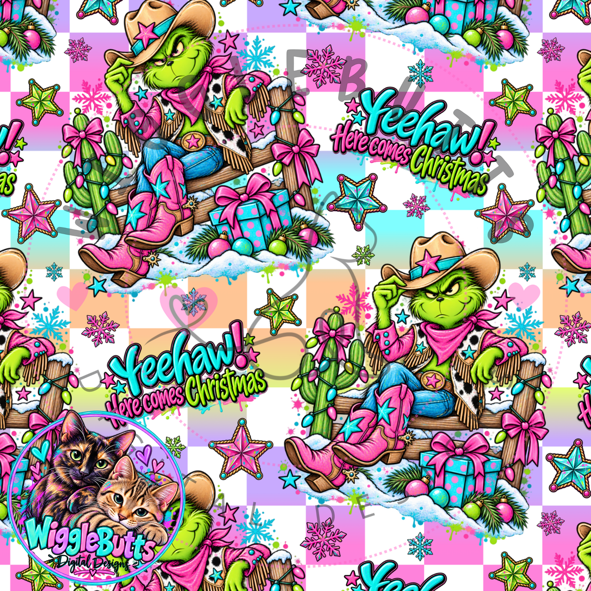 Western Green Guy Christmas Checkered Seamless File PNG Design