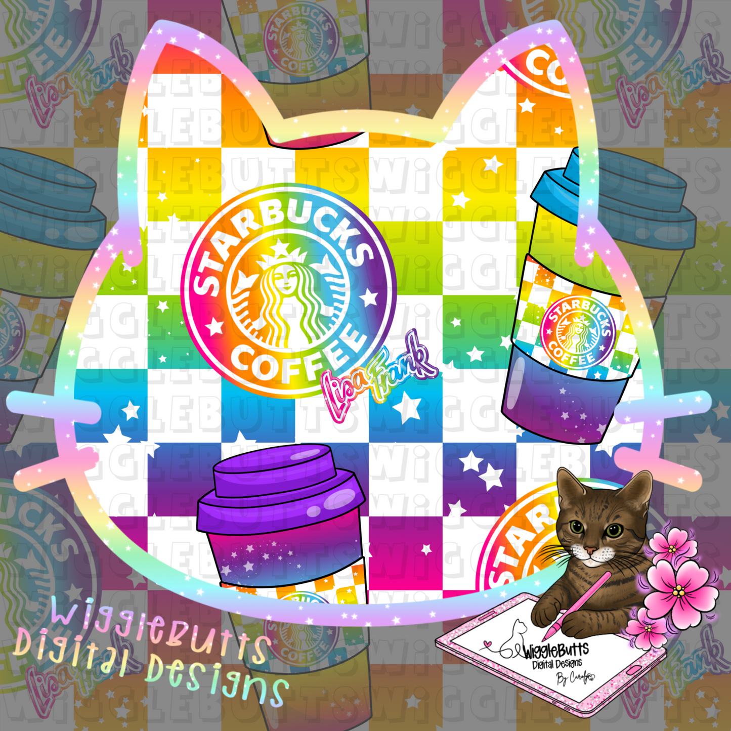 Coffee Lovers 90s Rainbow Style Checkered Green Girl Seamless File PNG Design