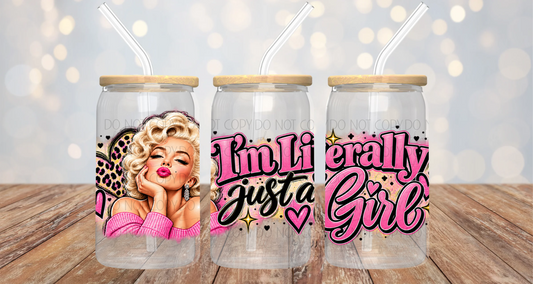Retro Blonde Movie Star Just a Girl 16oz Cup/Jar Wrap PNG Design