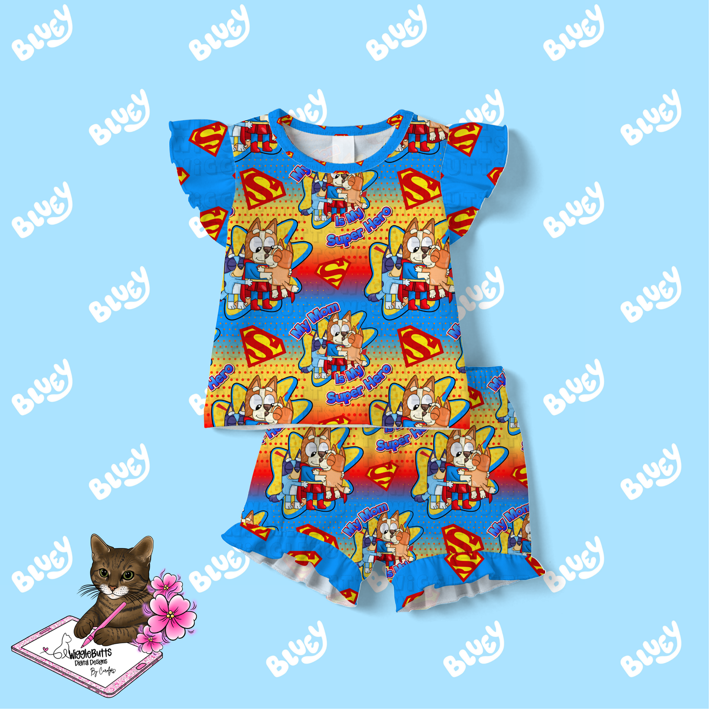 Blue Dog Puppies My Mom is my Super Hero Seamless File PNG