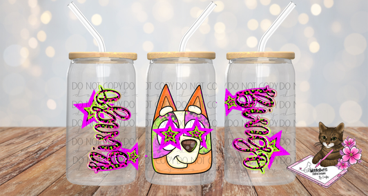 Blue Dog Puppies Orange Dog Neon Stars 16oz Cup/Jar Wrap PNG Design
