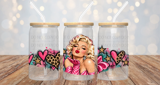 Retro Blonde Movie Star 16oz Cup/Jar Wrap PNG Design