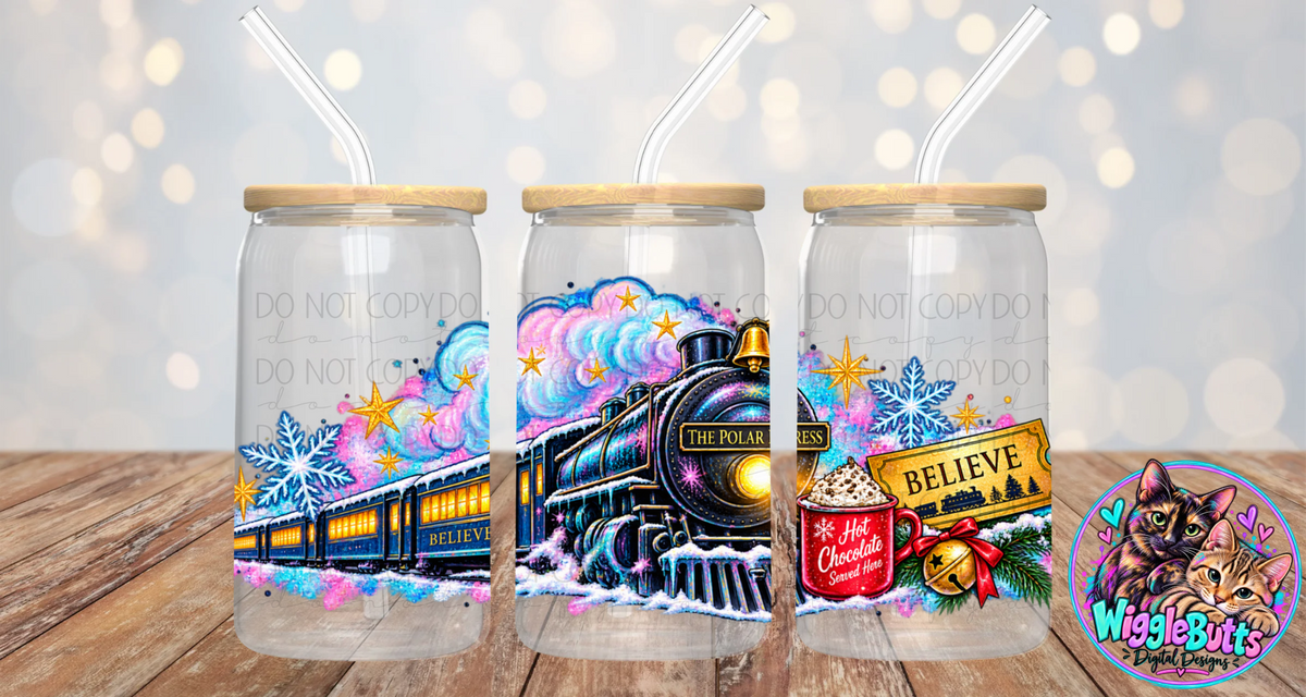 Christmas Train 16oz Cup/Jar Wrap PNG Design