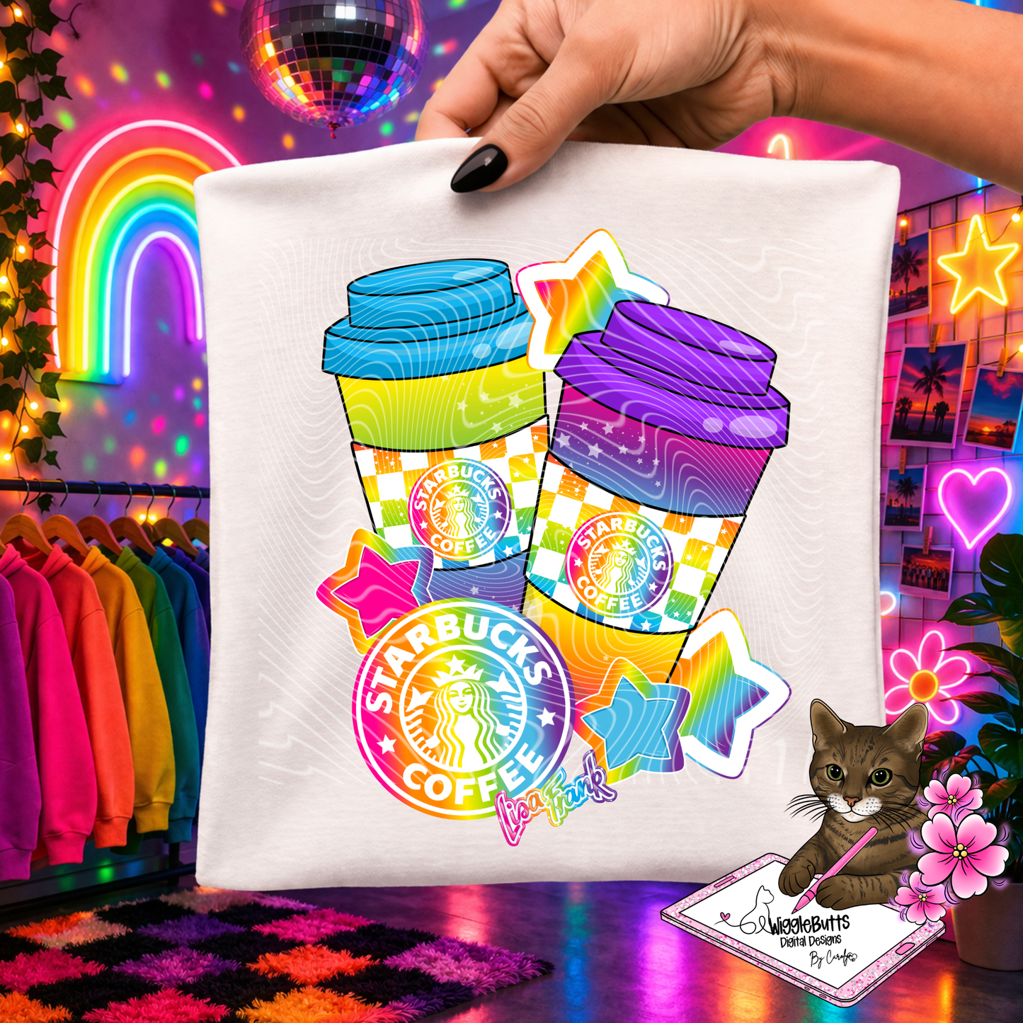 Coffee Lovers 90s Rainbow Style Green Girl PNG Design