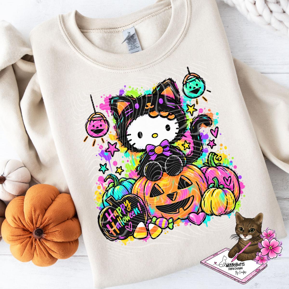 Kitty and Friends Halloween Black Cat Pumpkin PNG Design