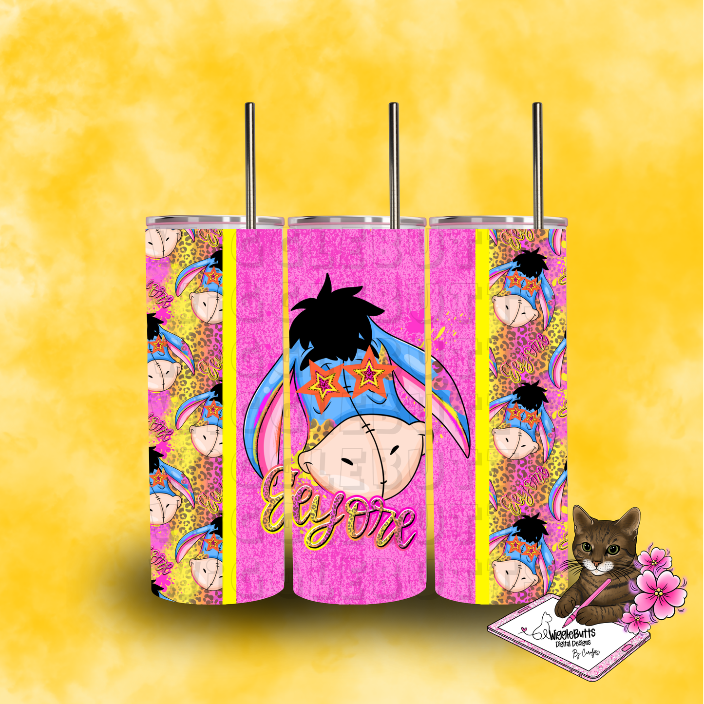 Honey Bear and Friends Donkey Pink Stars Cheetah Print 20oz Tumbler Wrap PNG Design