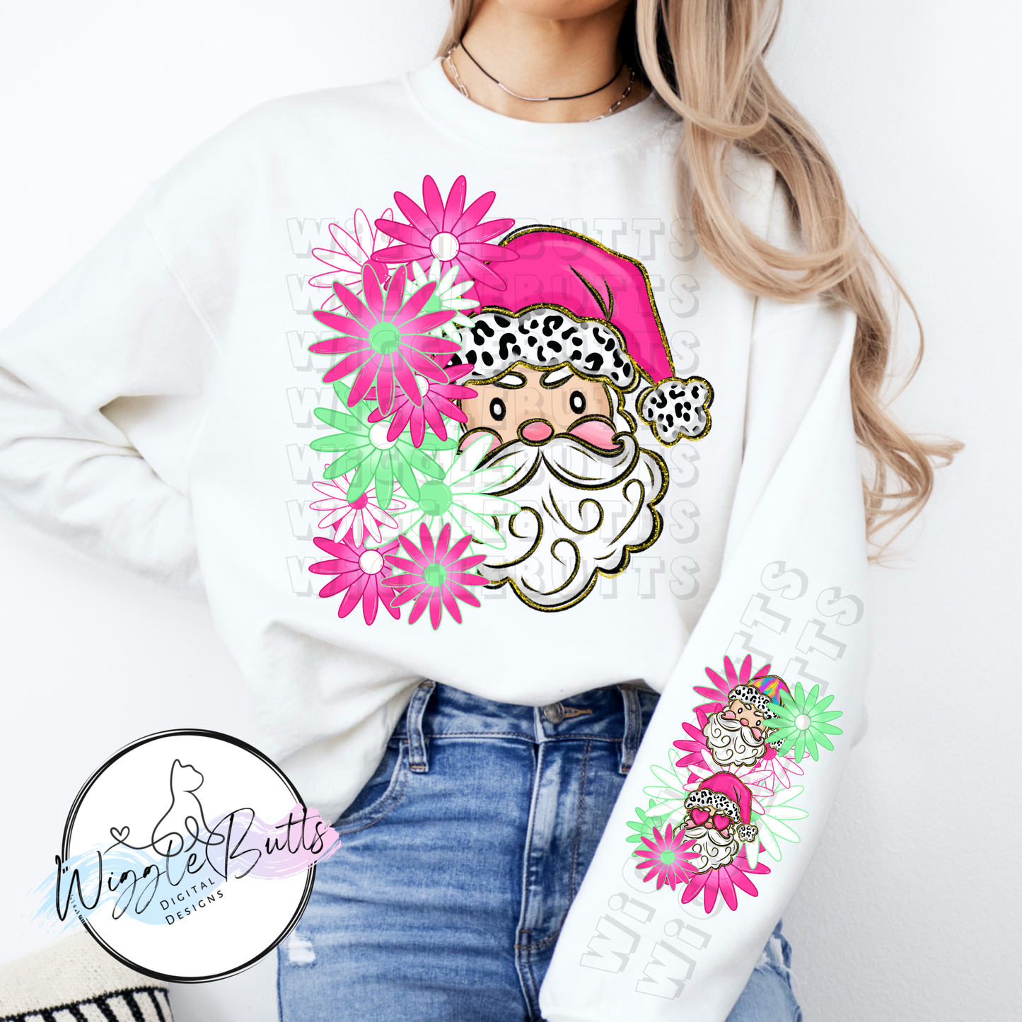 Colorful Painted Santa and Flowers Light Skin Tone Christmas PNG Design and Matching PNG Sleeve Design