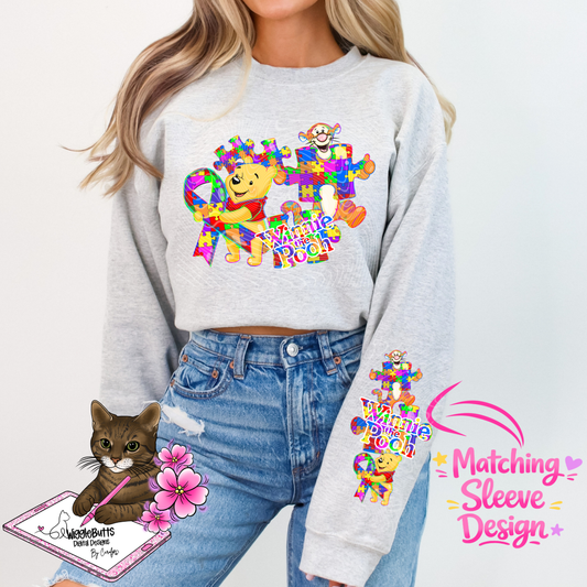 Honey Bear Autism Awareness Ribbon Puzzle Pieces PNG Design and Matching PNG Sleeve Design