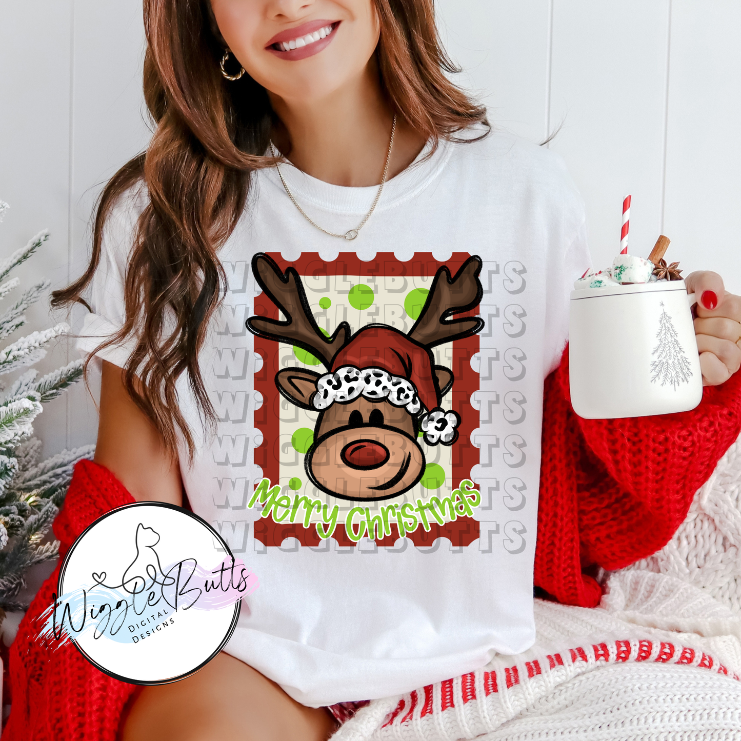 Painted Reindeer Cheetah print Santa Hat Christmas PNG Design