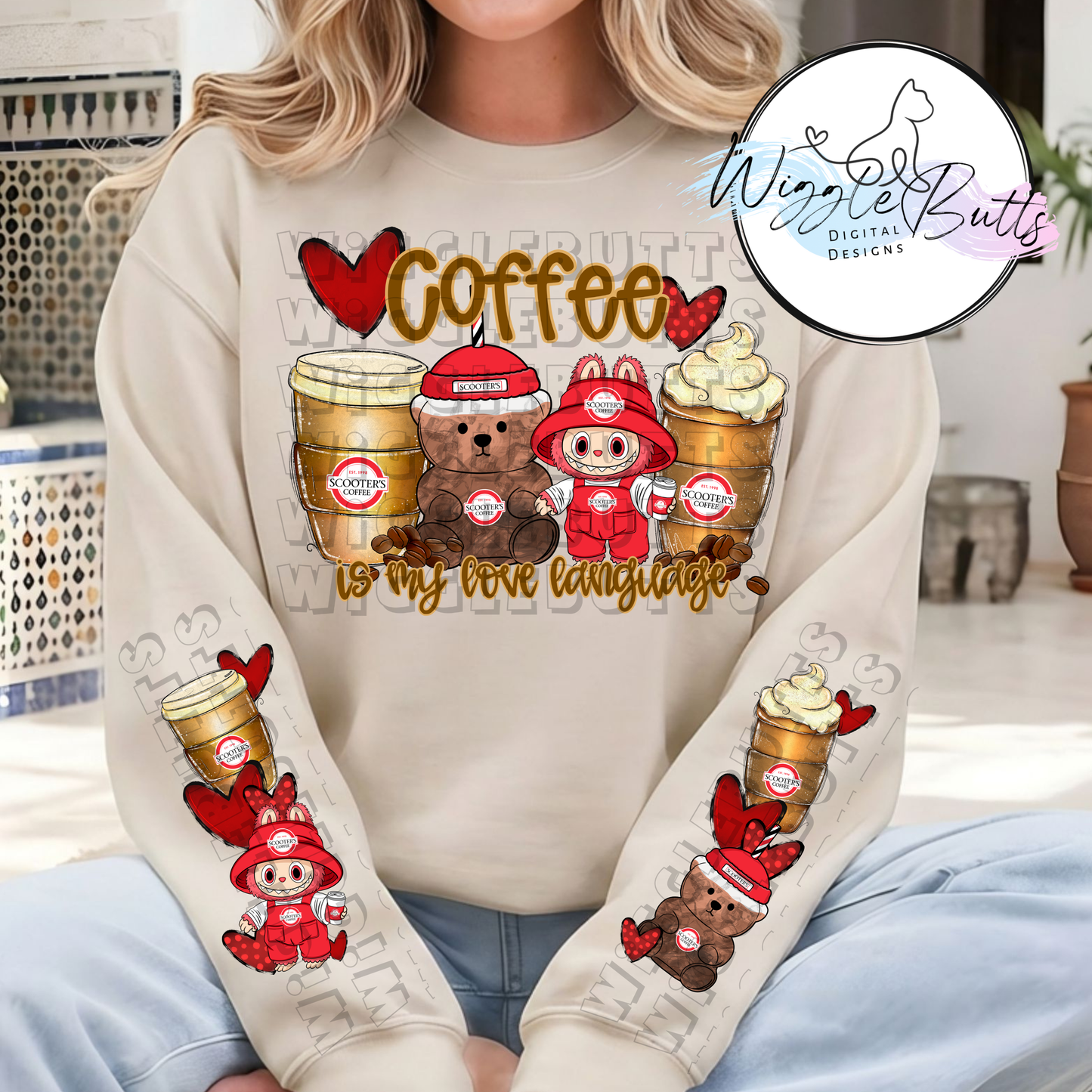 Coffee Lovers Red Bear Cup Little Monster PNG Design and 2 Matching PNG Sleeve Designs