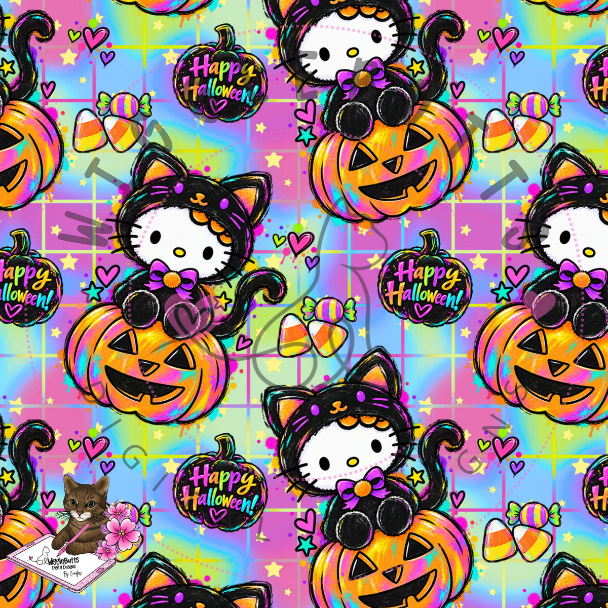 Kitty and Friends Halloween Black Cat Pumpkin Pink Seamless File PNG Design