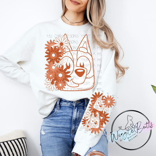 Blue Dog Puppies Orange Flowers PNG Design and Matching Sleeve PNG Design