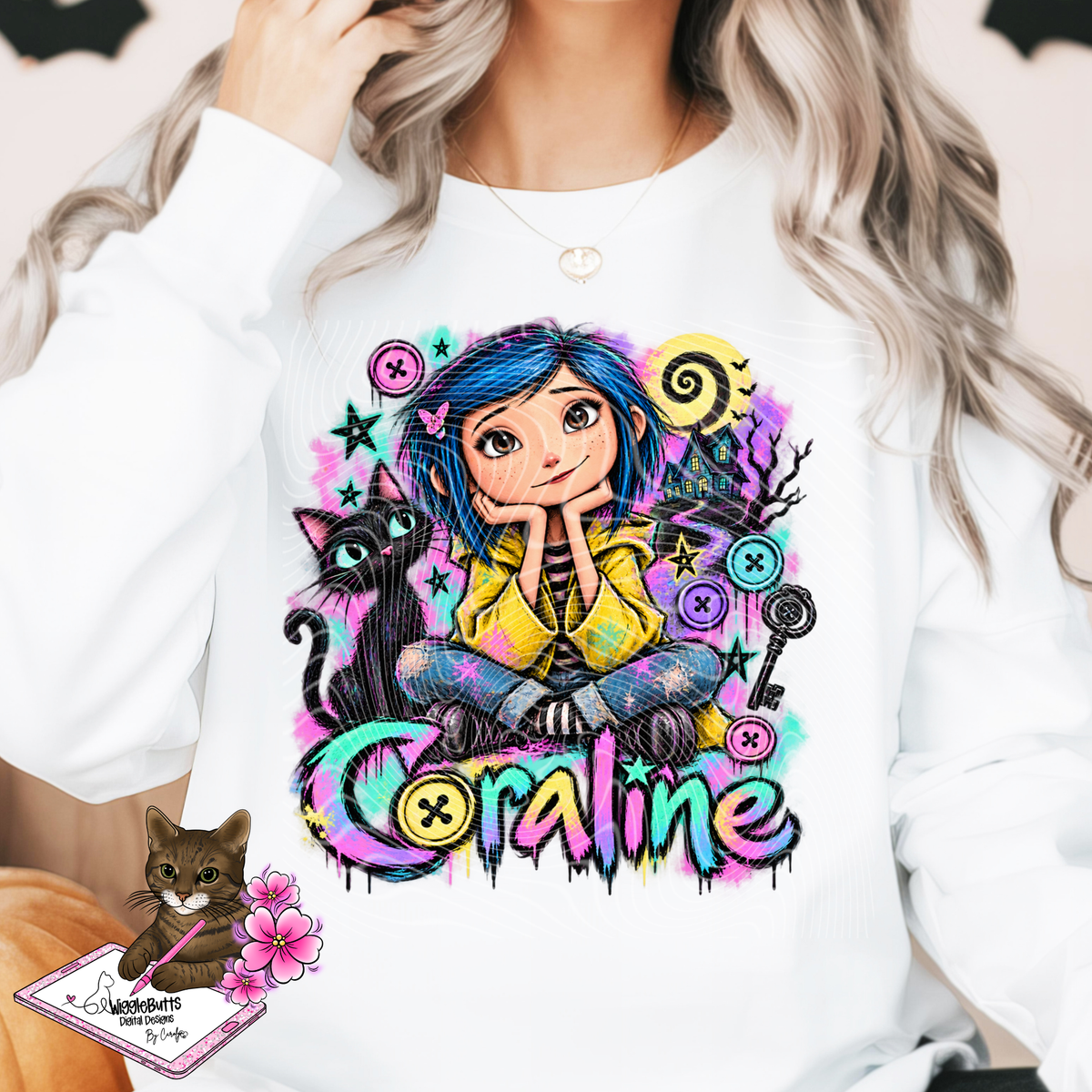Blue Hair Button Eyed Girl PNG Design