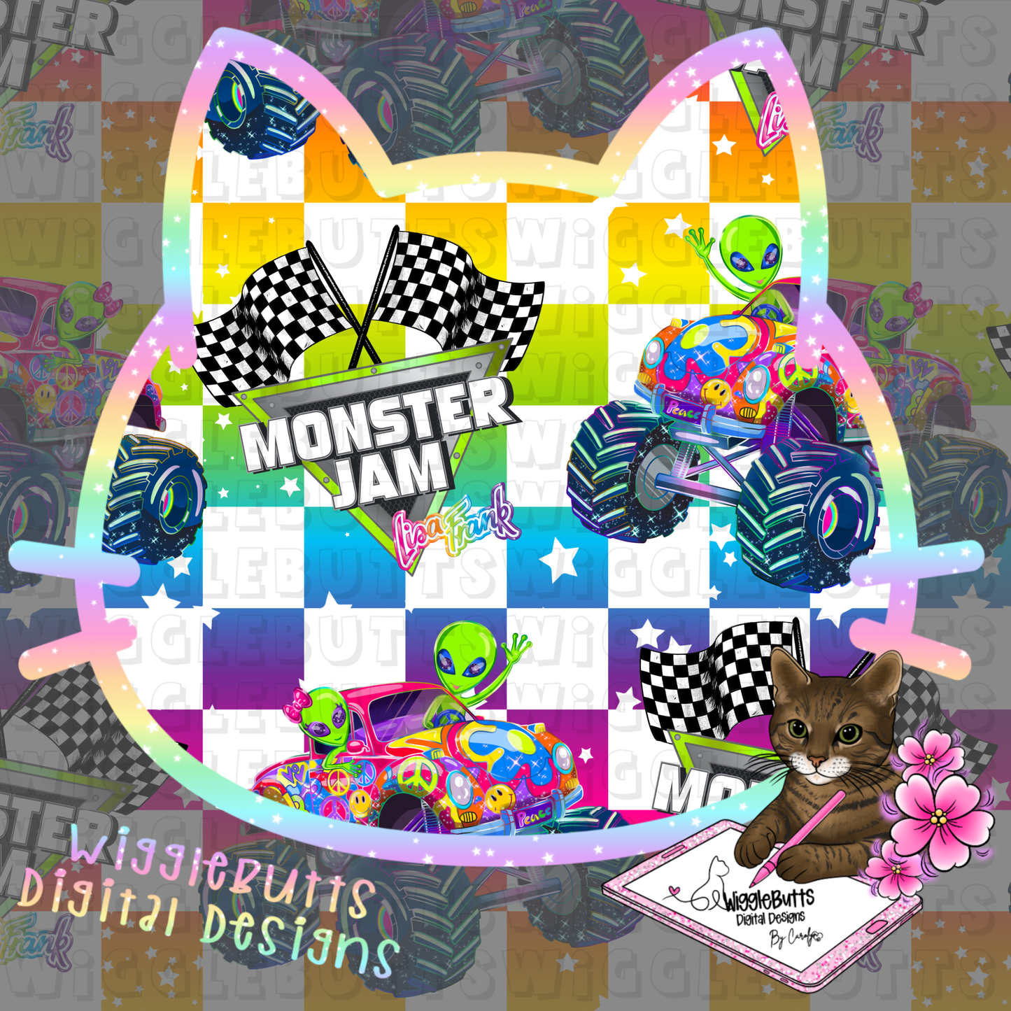 90s Rainbow Style Monster Truck Seamless File PNG