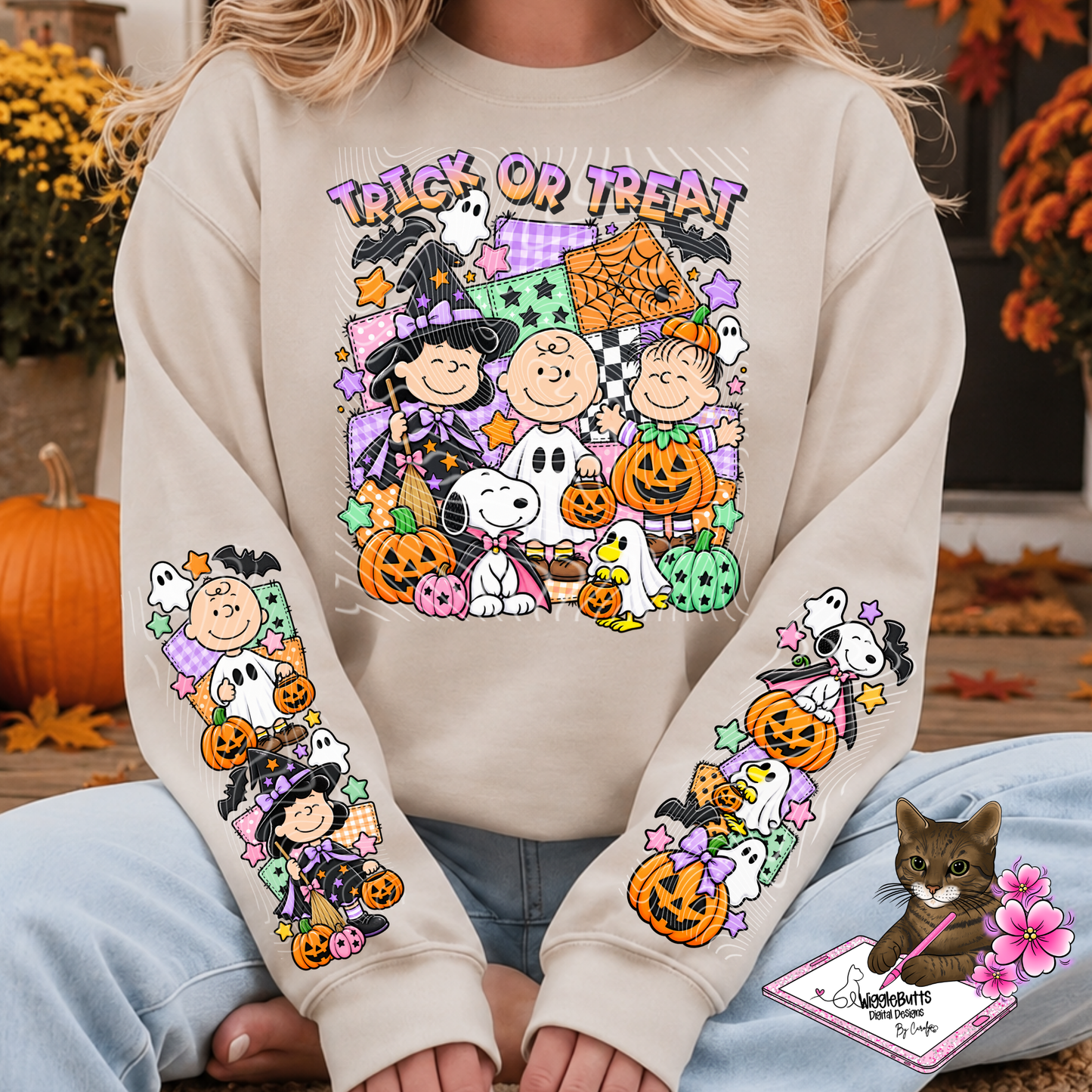 Retro Peanut Kids Halloween Trick or Treat PNG Design and 2 Matching PNG Sleeve Designs