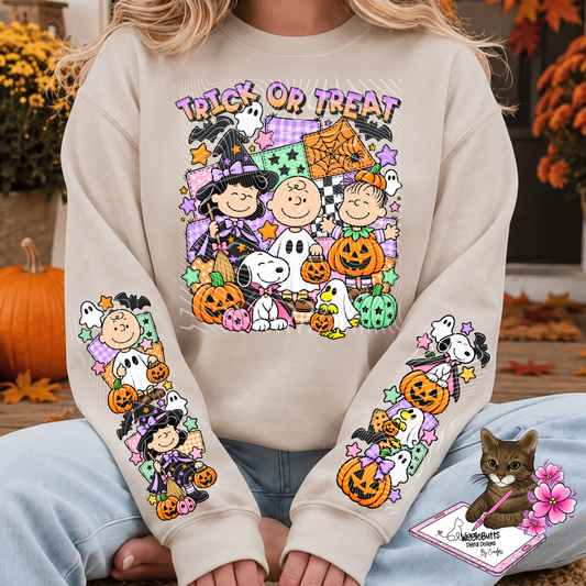 Retro Peanut Kids Halloween Trick or Treat PNG Design and 2 Matching PNG Sleeve Designs