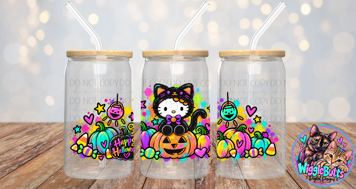 Kitty and Friends Black Cat Happy Halloween 160z Cup/Jar Wrap PNG Design