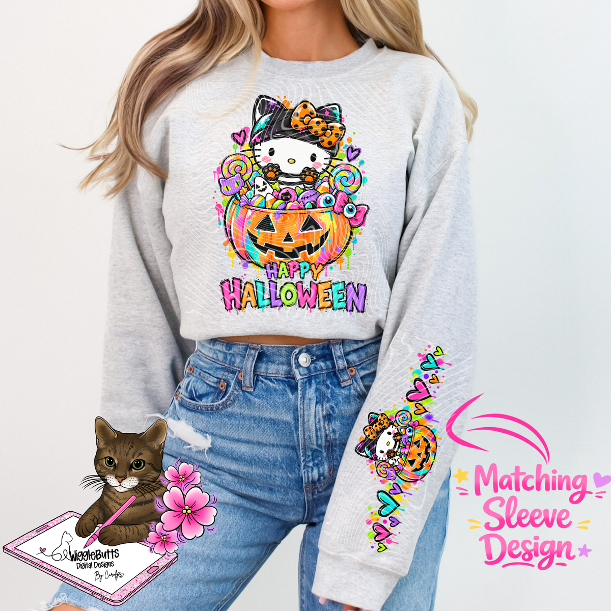 Kitty and Friends Happy Halloween PNG Design and Matching PNG Sleeve Design