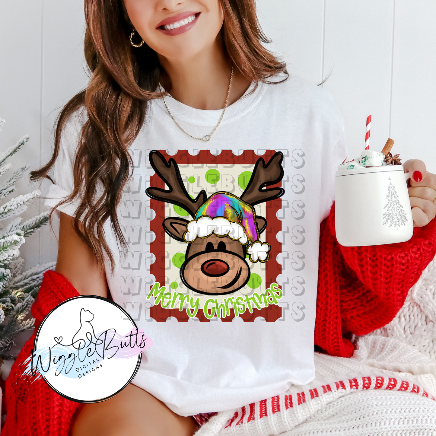 Colorful Painted Reindeer Santa Hat Christmas PNG Design