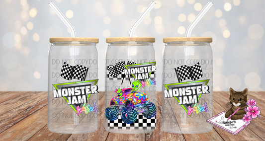 90s Rainbow Style Monster Truck 16oz Cup/Jar Wrap PNG Design