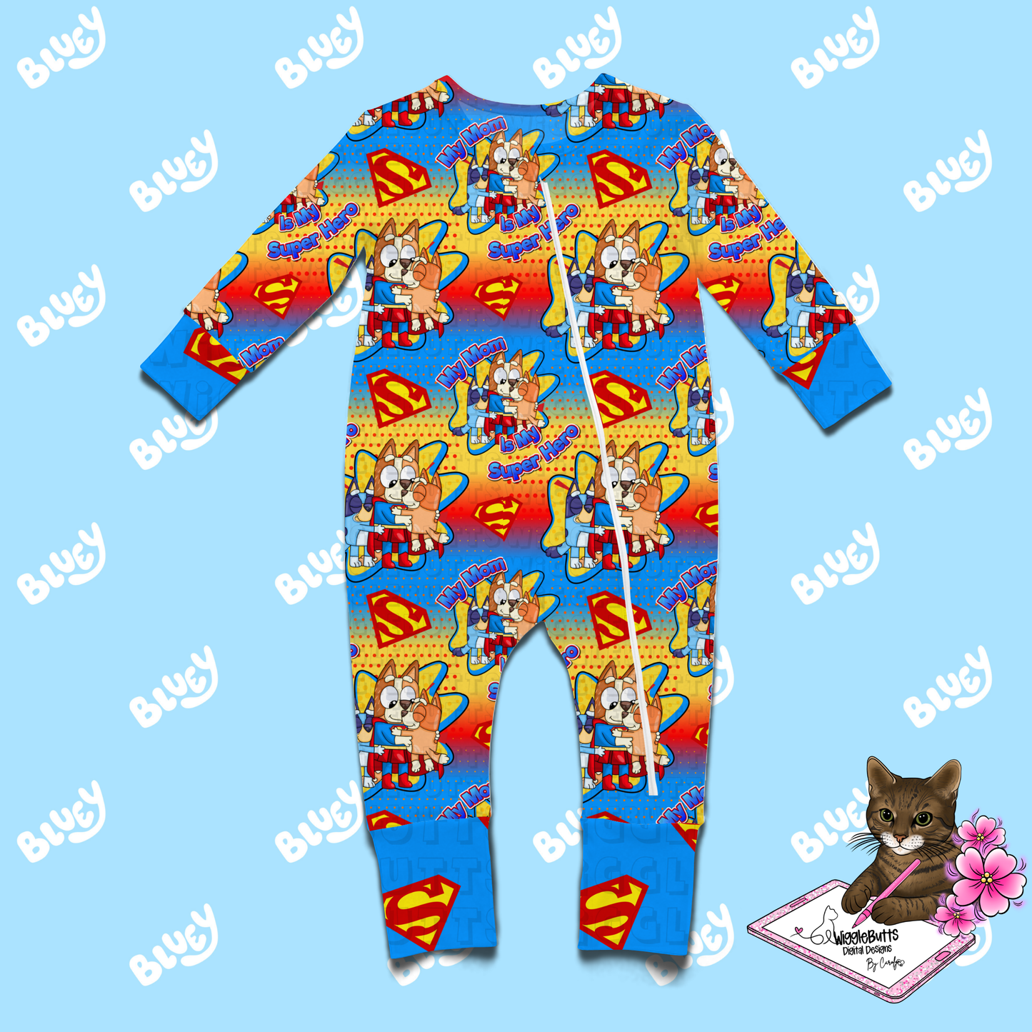 Blue Dog Puppies My Mom is my Super Hero Seamless File PNG
