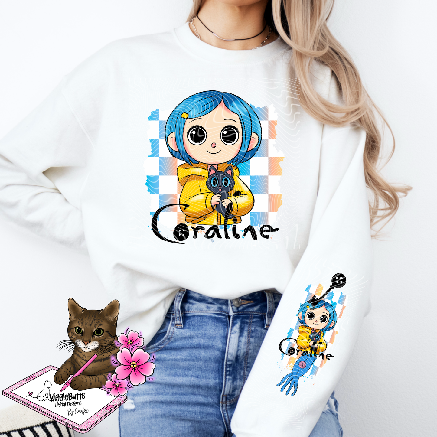 Blue Hair Button Girl PNG Design and Matching PNG Sleeve Design