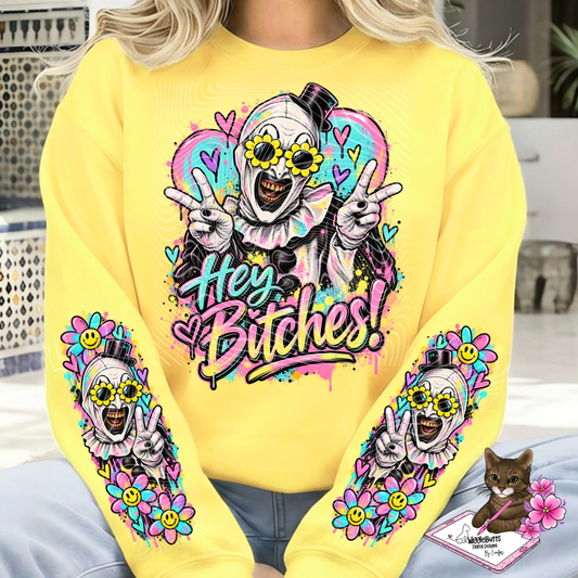 Horror Clown Yellow Sunnies Hey Bitches PNG Design and Matching PNG Sleeve Design
