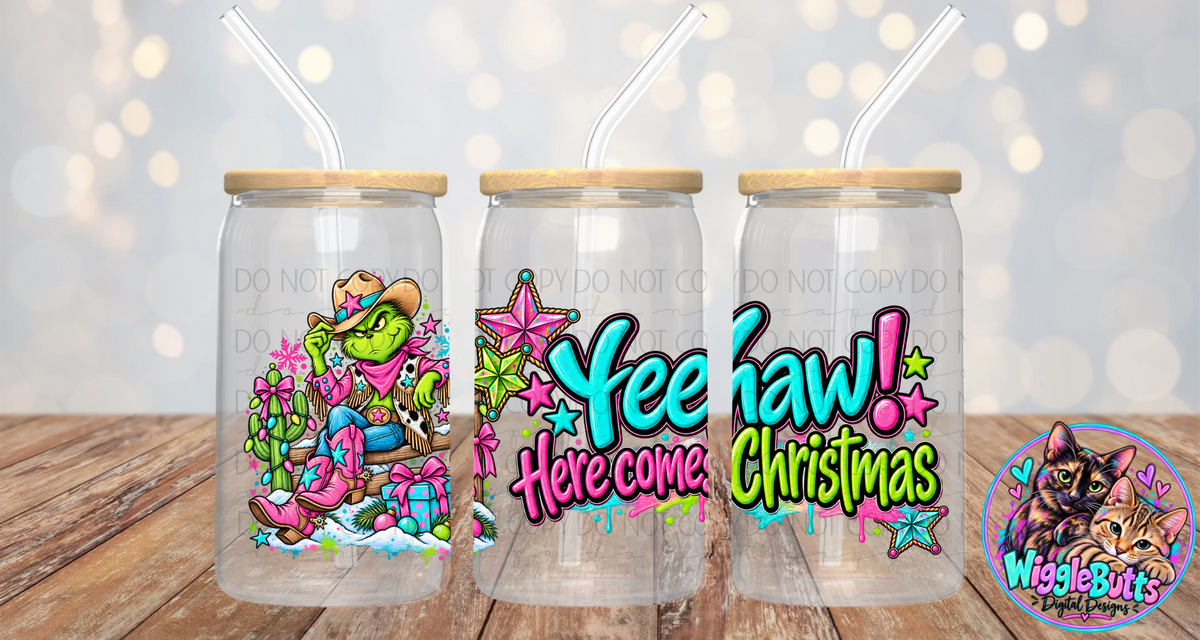 Western Green Guy Christmas Mashup 16oz Cup/Jar Wrap PNG Design