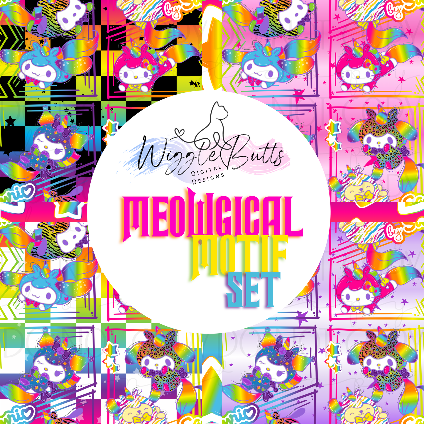 Meowgical Motif Kitty and Friends 90s Rainbow Style Unicorns Set