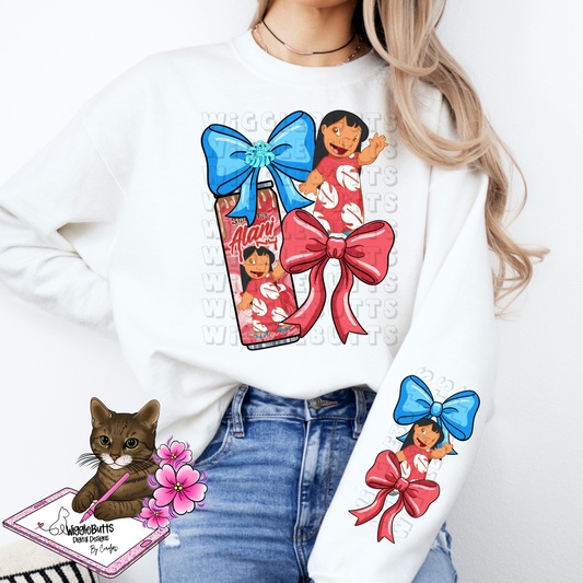 Blue Alien Creature Hawaiian Girl Energy Drink Coquette Bow PNG Design and Matching PNG Sleeve Design