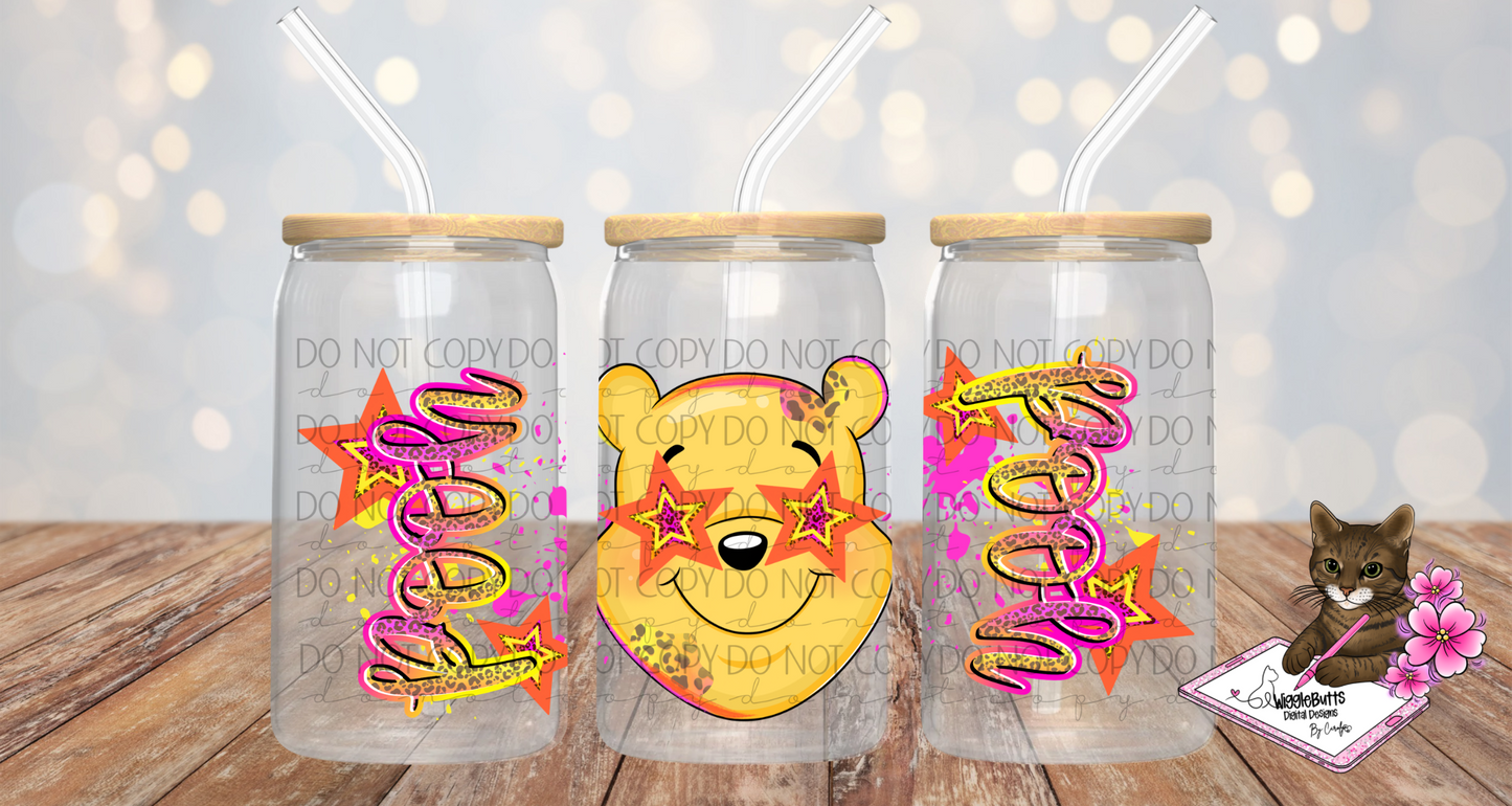 Honey Bear Pink Stars Cheetah Print 16oz Cup/Jar Wrap PNG Design