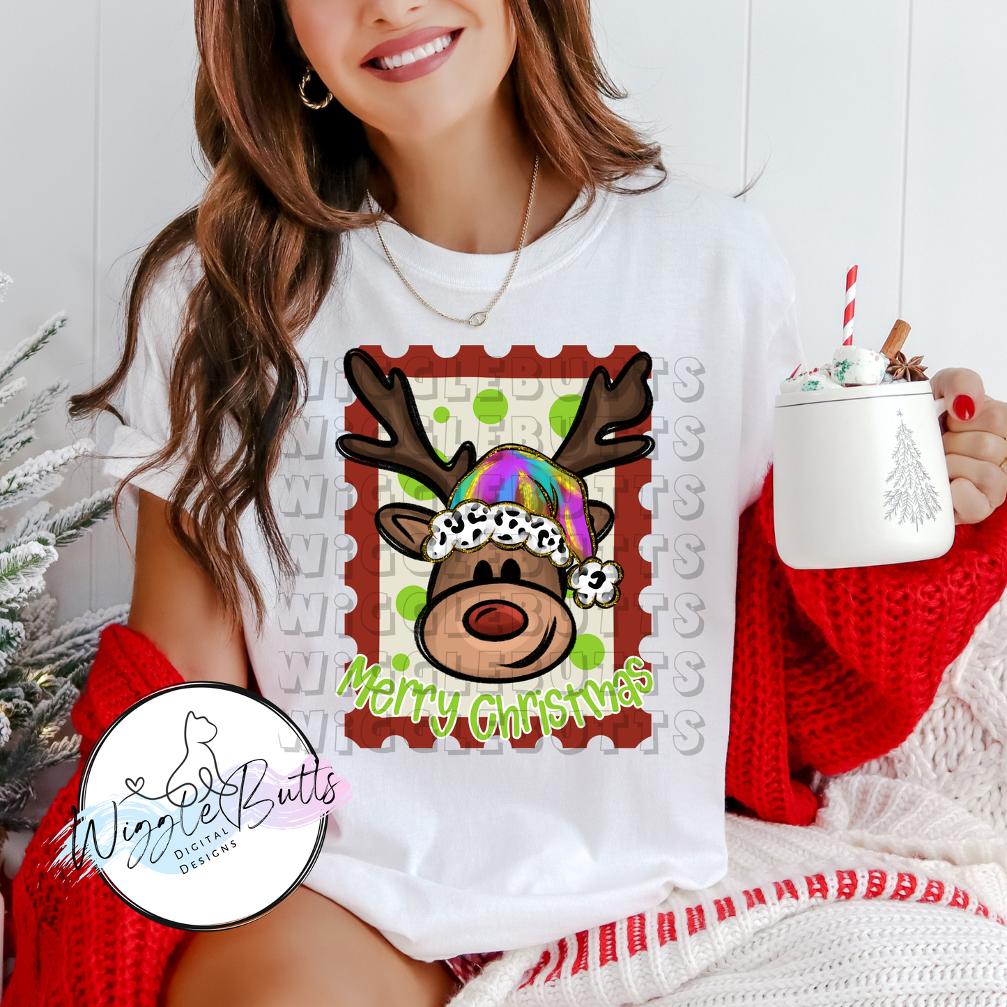 Colorful Painted Reindeer Cheetah Print Santa Hat PNG Design