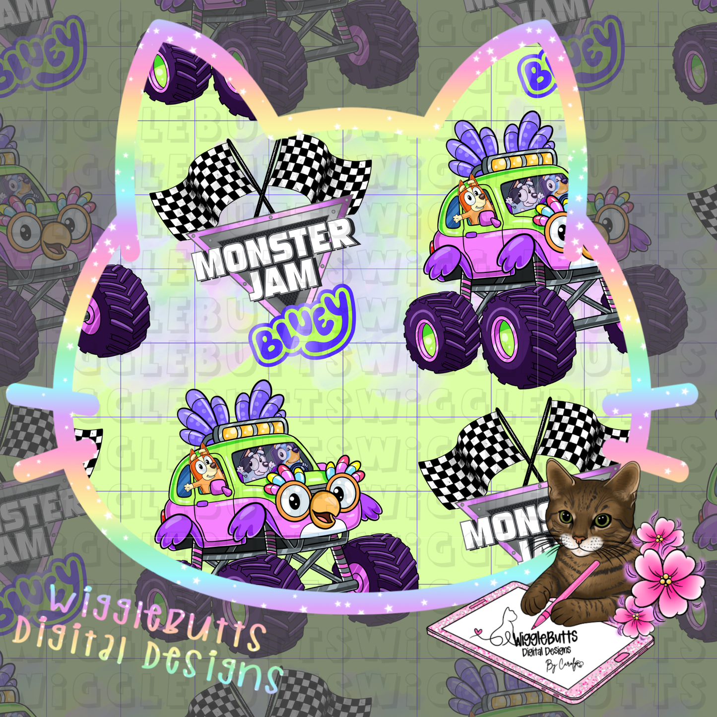 Blue Dog Puppies Monster Truck Seamless File PNG